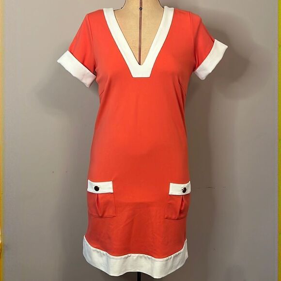 Lilly Pulitzer Coral Shift Dress with White Trim and Front Pockets - Size 2 - Picture 3 of 12